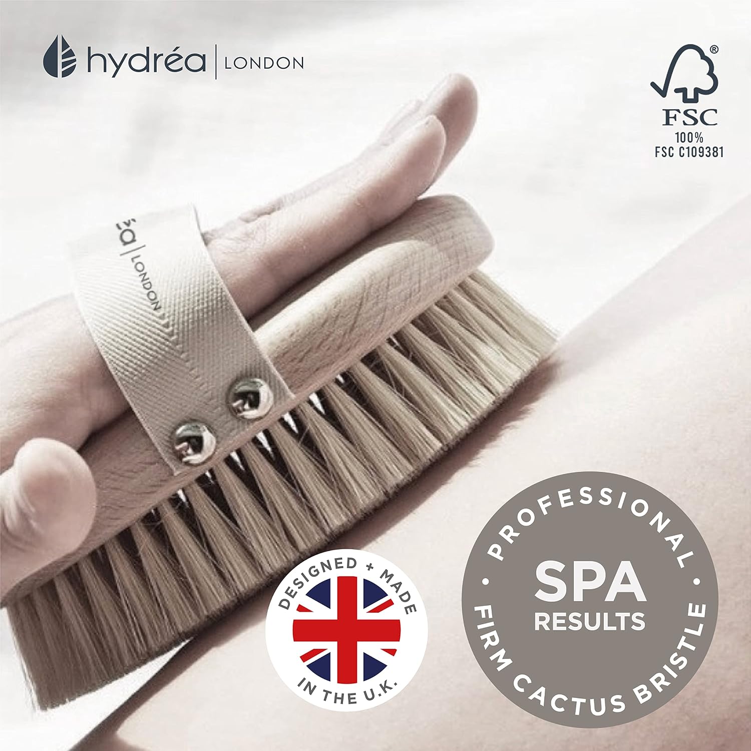 Hydrea London Dry Brushing Body Brush with Cactus Bristle - Cellulite Remover, Vegan Best Dry Brush for Flawless Skin, Helps Improve Lymphatic Drainage - FSC® Certified Beechwood.
