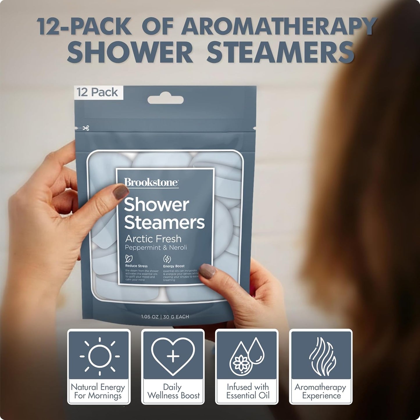 Brookstone Shower Steamers Aromatherapy 12 Tablets - Christmas Stocking Stuffers for Men, Birthday Gifts for Women, Green Elephant, Relaxation, Self Care - Shower Steamers Arctic Fresh