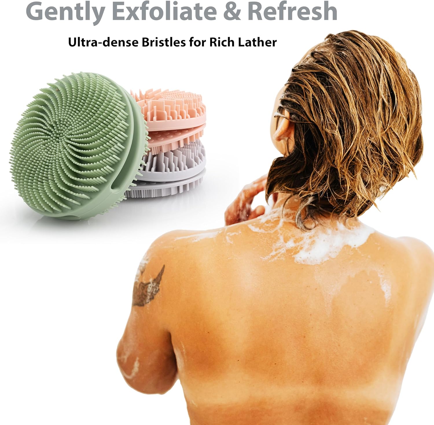 MtBoi 2 Pack Silicone Exfoliating Body Scrubber, Silicone Body Brush, Soft Silicone Loofah for Sensitive Skin, Shower Head Massager, Easy to Clean, Lathers Well(Gray&Green)