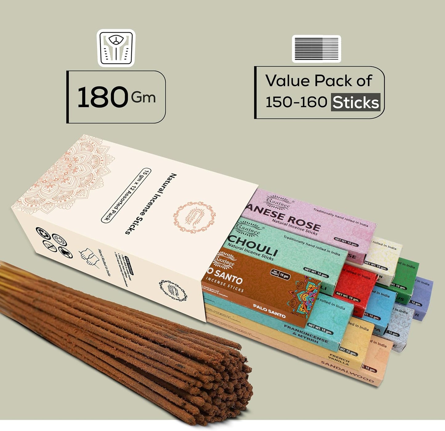 Raajsee Incense Sticks Assorted Pack (180 gm), 100% Pure Organic Natural Hand Rolled Free from Chemicals - Perfect for Aromatherapy, Cleansing, Meditation, and Church (12 Pack)