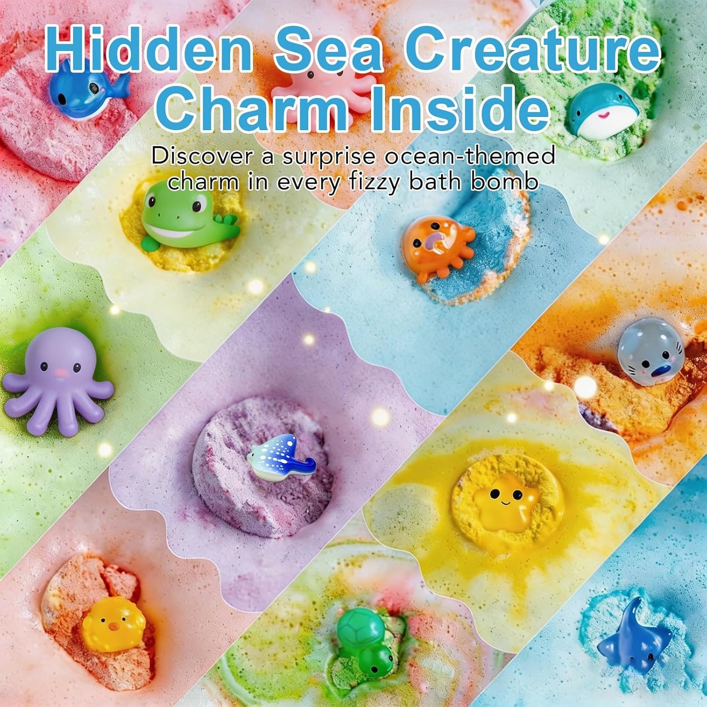 Ocean Theme Bath Bomb Set with Hidden Sea Creature Charms, 12 Colorful Fizzy Bath Bombs for Relaxing Bath Time, Self Care Gifts and Everyday Soaking Experience