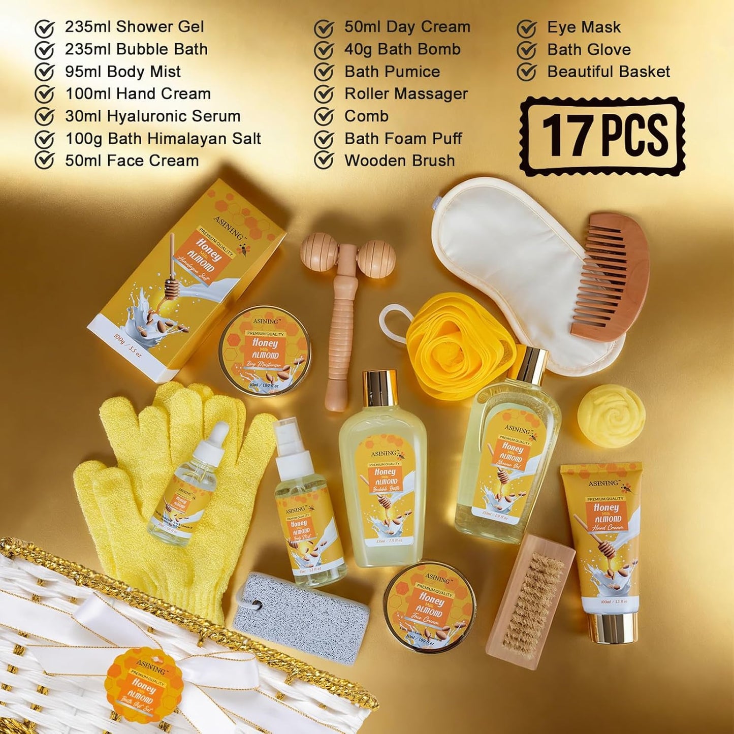 17-Piece Mothers Day Gifts for Women & Men, Almond Luxury Spa Gift Set Bath and Body Gift Basket Set Care Kit Face Skin Care Set, Bath & Body Care Set, Christmas, Valentines, Birthday, Anniversary