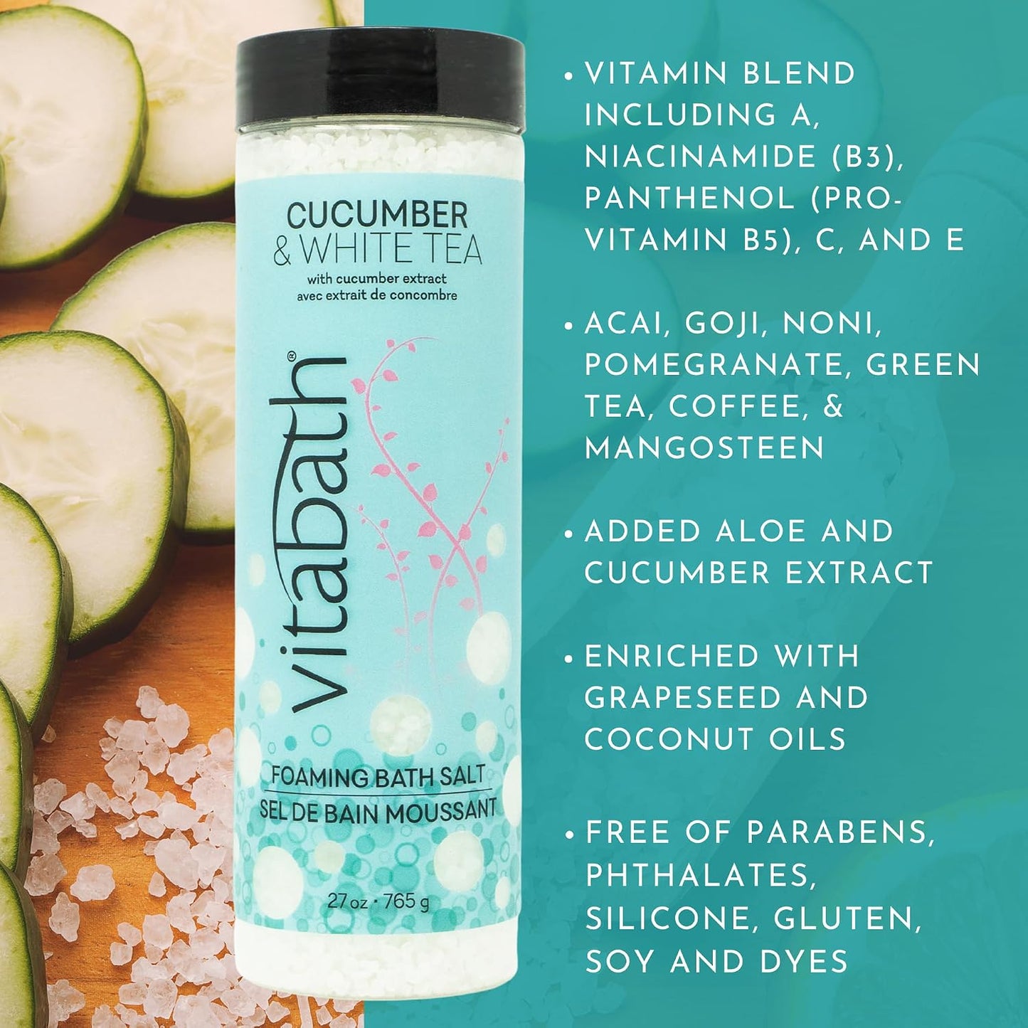 Vitabath Cucumber & White Tea Foaming Bath Salts Relaxing Bubble Aromatherapy Skincare - Muscle & Body Ache Soothing & Skin Nourishing Foamy Soak for Women & Men – 27 oz