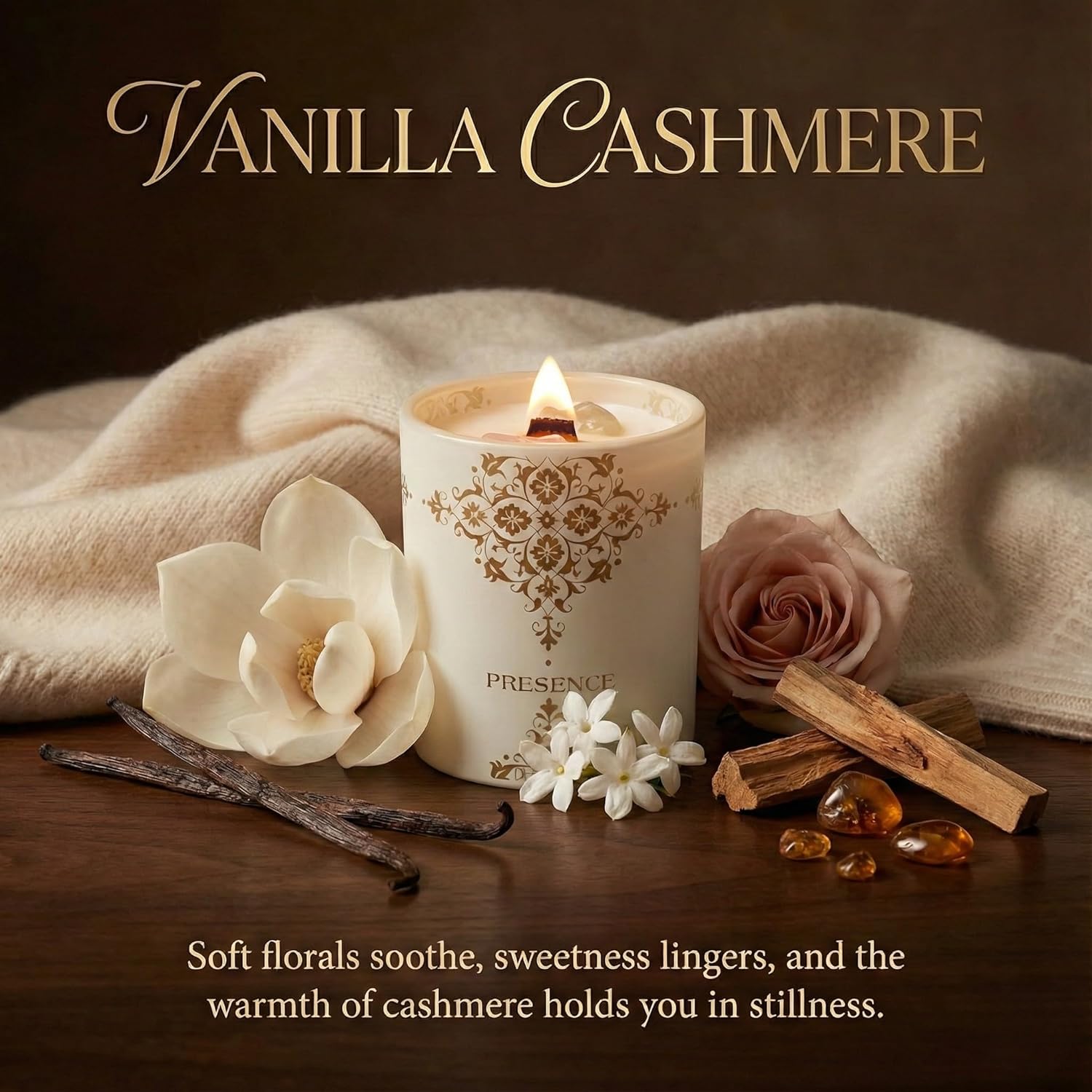Healing Crystal Candle Gift for Women - Vanilla Cashmere Luxury Soy Candle with Crystals - Rose Quartz & Citrine - Gift-Ready Aromatherapy Candle for Stress Relief, Meditation & Manifestation