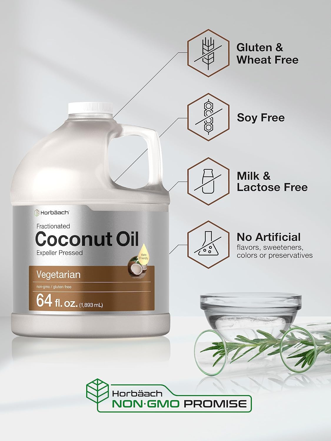 Horbäach Coconut Oil for Cooking | Liquid | 64 oz | Fractionated & Unflavored | Keto Friendly | Vegetarian, Non-GMO & Gluten Free