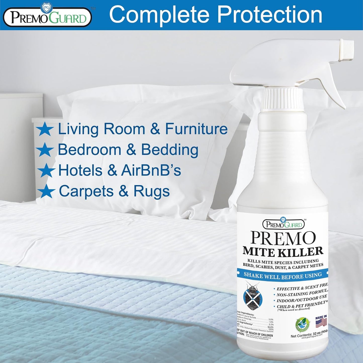 Premo Guard Natural Mite Spray – 16 oz Bottle – Plant Based Treatment for Dust, Spider, Carpet, Bird, Rat Mites – Safe for Families, Pet, Home, Bedding & Furniture When Used As Directed