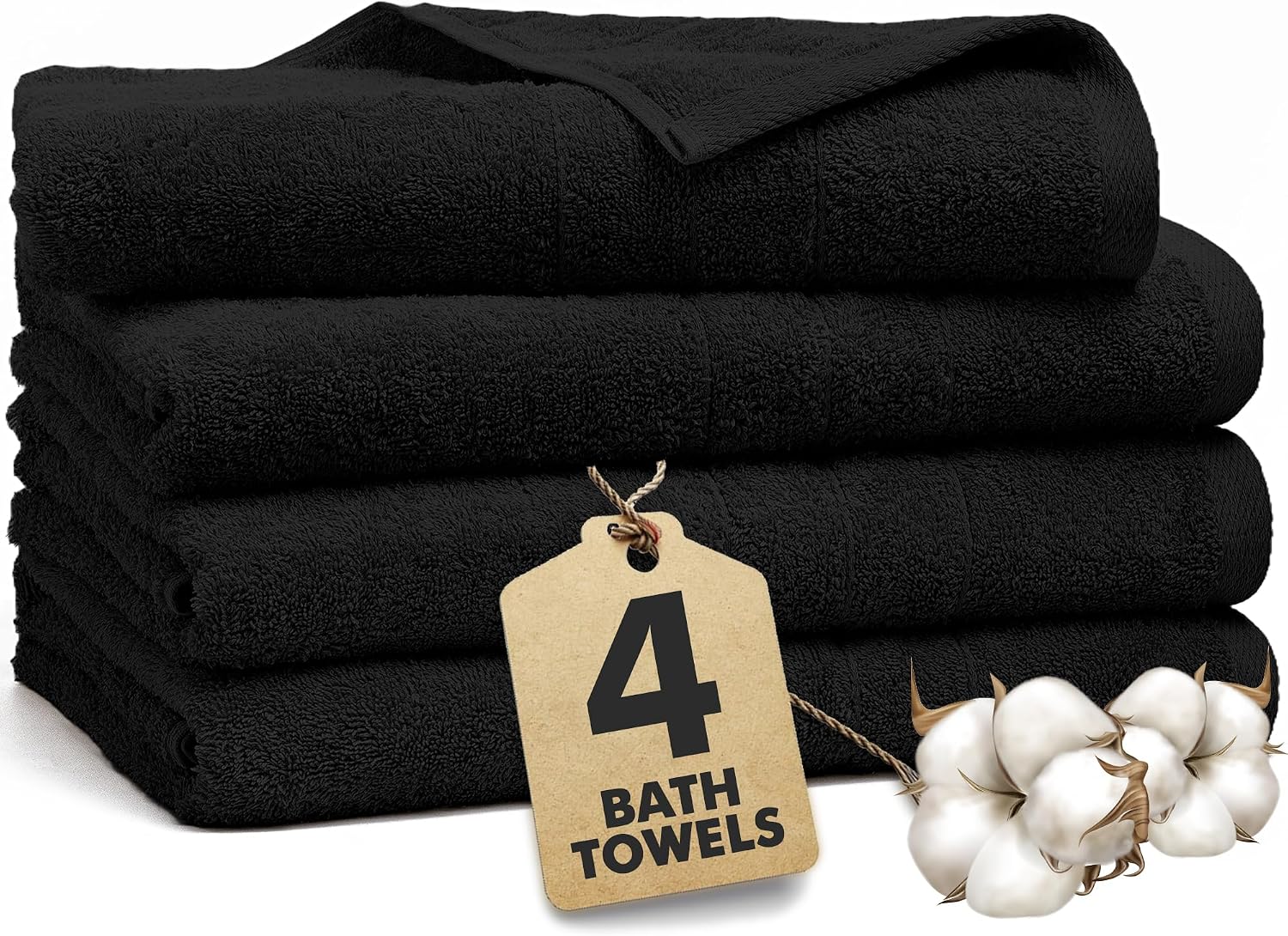 Bath Towels Set of 4 – 100% Ring Spun Cotton Black Extra Large Towels for Bathroom, Spa Use (55x28 in) – 550 GSM Super Soft and Quick Dry Large Bath Sheets for Adults
