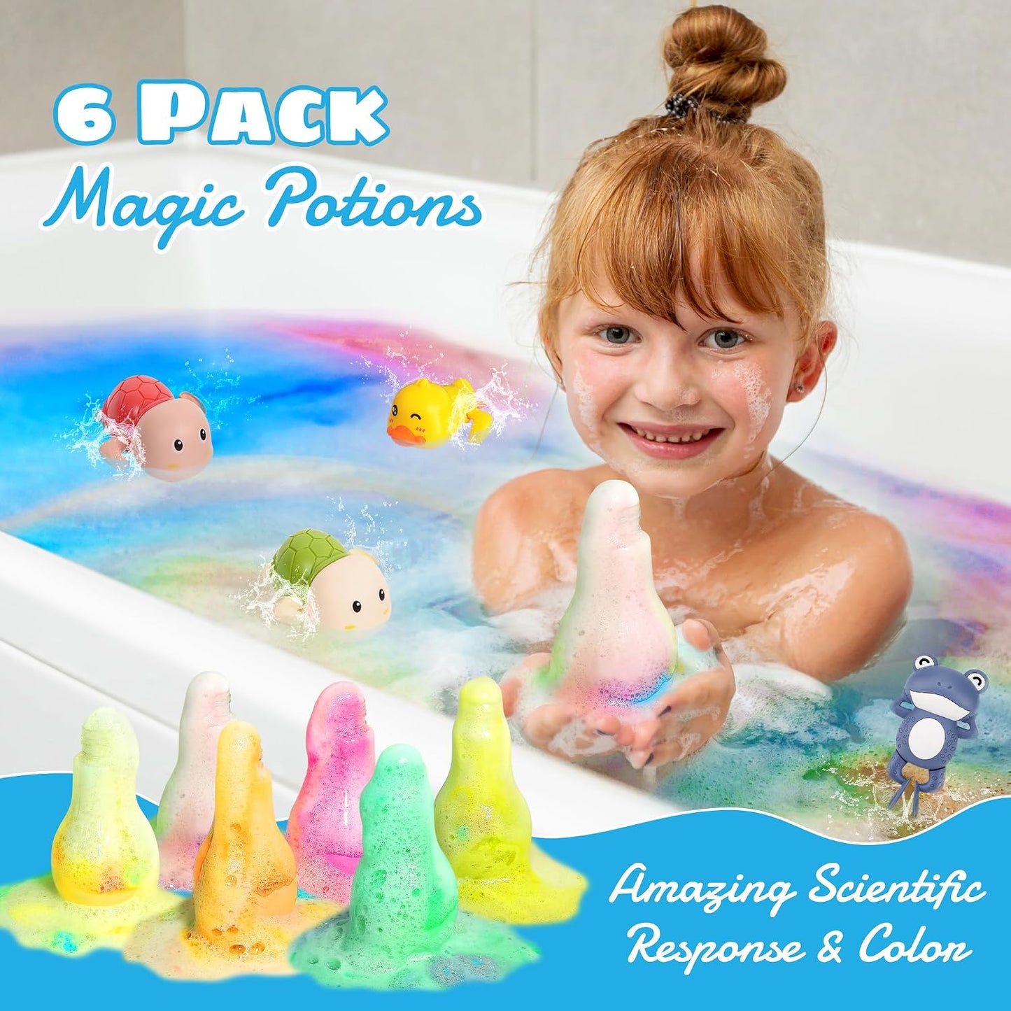 Magic Potion Bath Toy for Kids, 6 Bottles Color Fizz Science Kit with 2 Surprise Toys, Fun Pour & Play Bath Bomb Set for Boys Girls