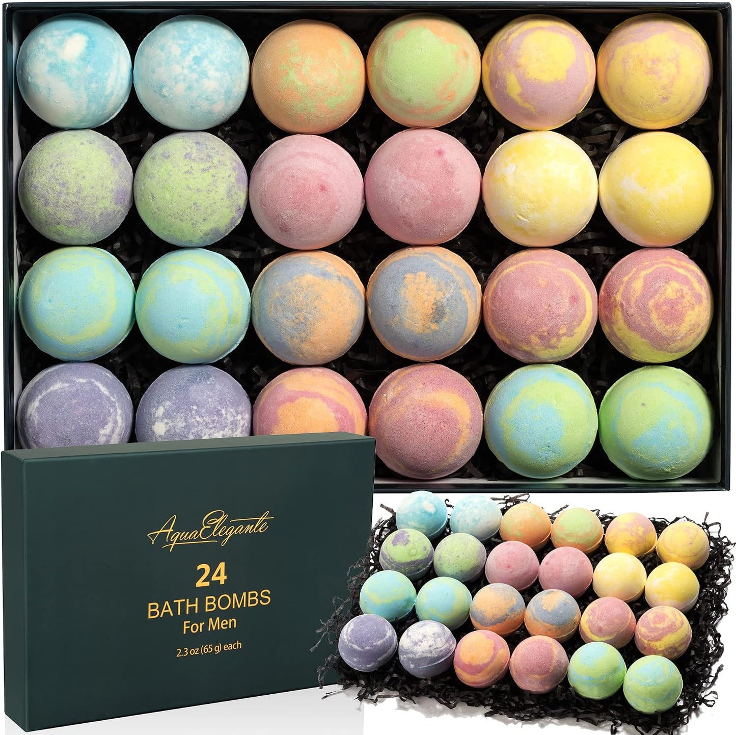 Aqua Elegante Luxury Bath Bombs for Men - Gift Set of 24 Fizzy Bathbombs with Essential Oils, Shea Butter, Coconut Oil - No Stain, Natural, Vegan Moisturizing Spa Present for Dad, Husband, Boyfriend