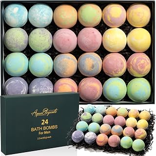 Aqua Elegante Luxury Bath Bombs for Men - Gift Set of 24 Fizzy Bathbombs with Essential Oils, Shea Butter, Coconut Oil - No Stain, Natural, Vegan Moisturizing Spa Present for Dad, Husband, Boyfriend