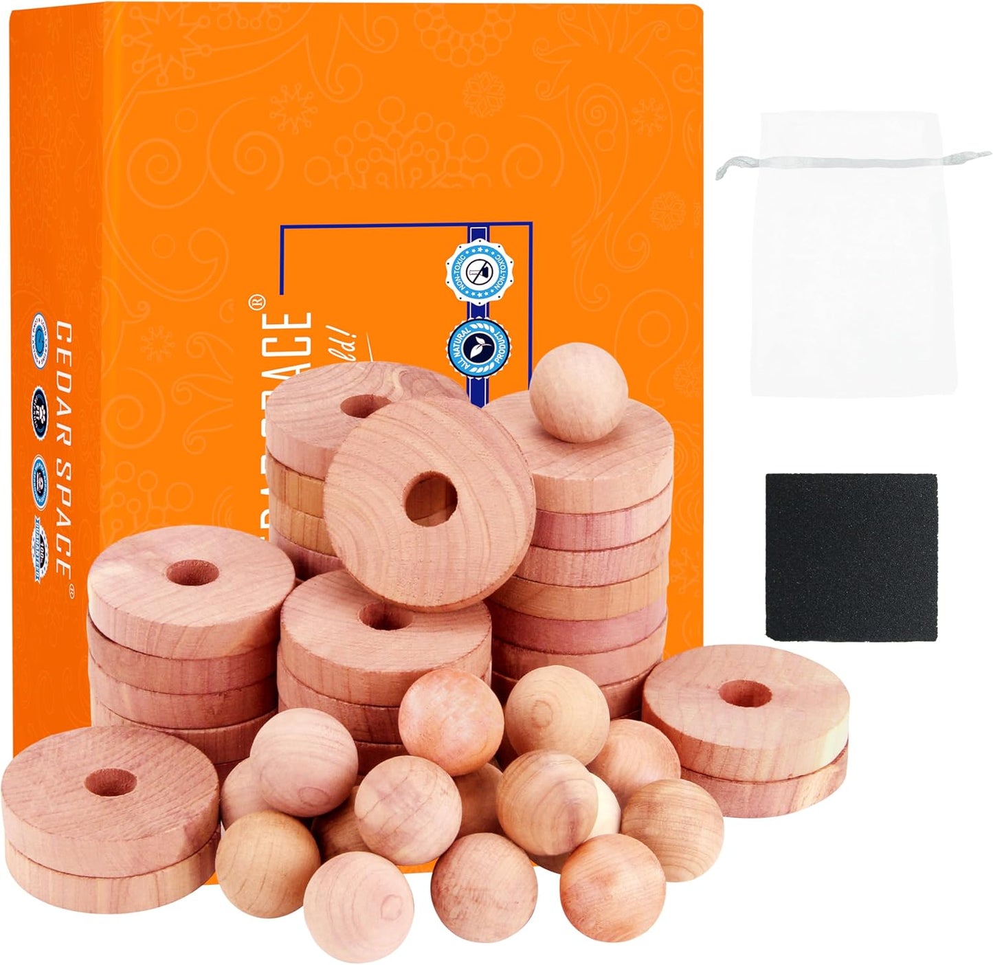Cedar Blocks for Clothes Storage 100% Aromatic Red Cedar Balls & Rings Dresser Drawer Freshener Odor Eliminator 30 Rings & Bonus 10 Balls Total 40 Pieces