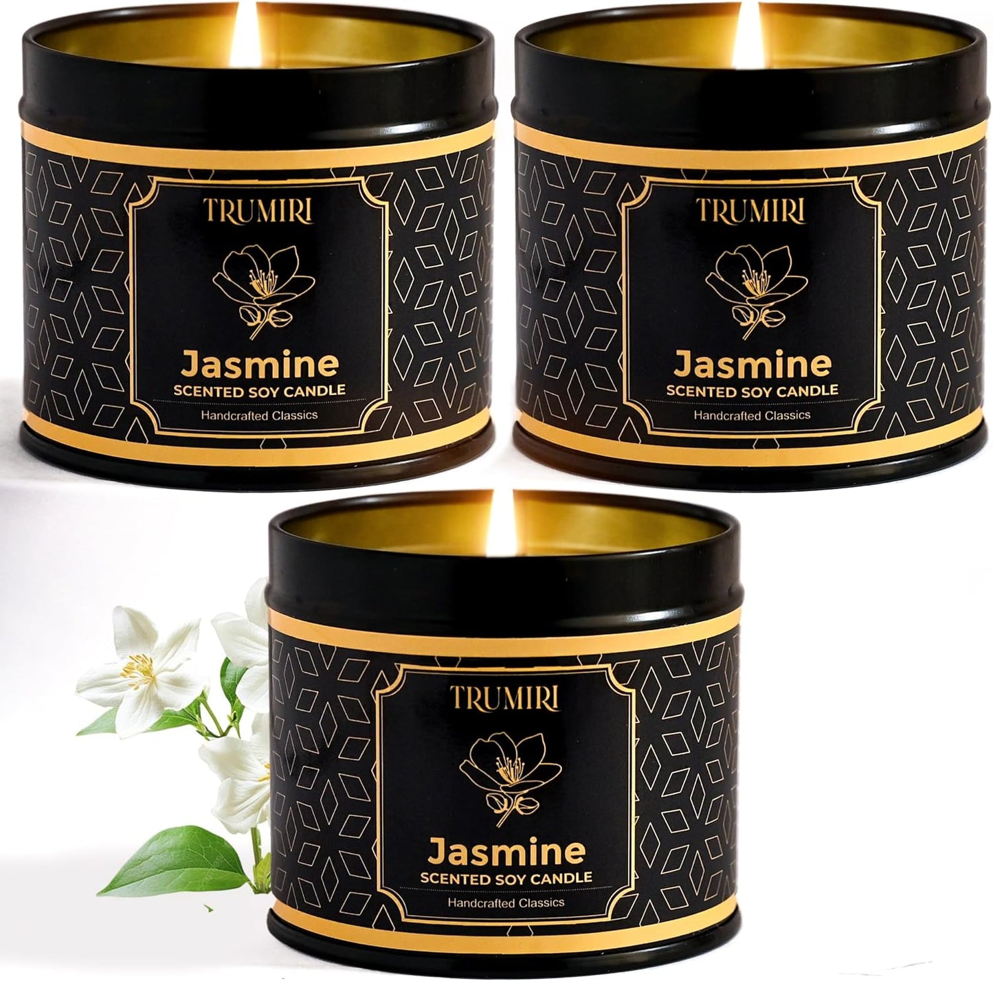 Jasmine Candle Strong Scented Soy Candel Clean Non Toxic Velas Aromáticas for Women Gift for Diwali Pack of 3 5Oz Decorative Tin Jars with Lids
