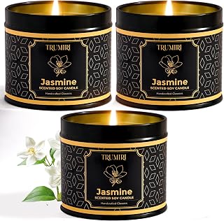 Jasmine Candle Strong Scented Soy Candel Clean Non Toxic Velas Aromáticas for Women Gift for Diwali Pack of 3 5Oz Decorative Tin Jars with Lids