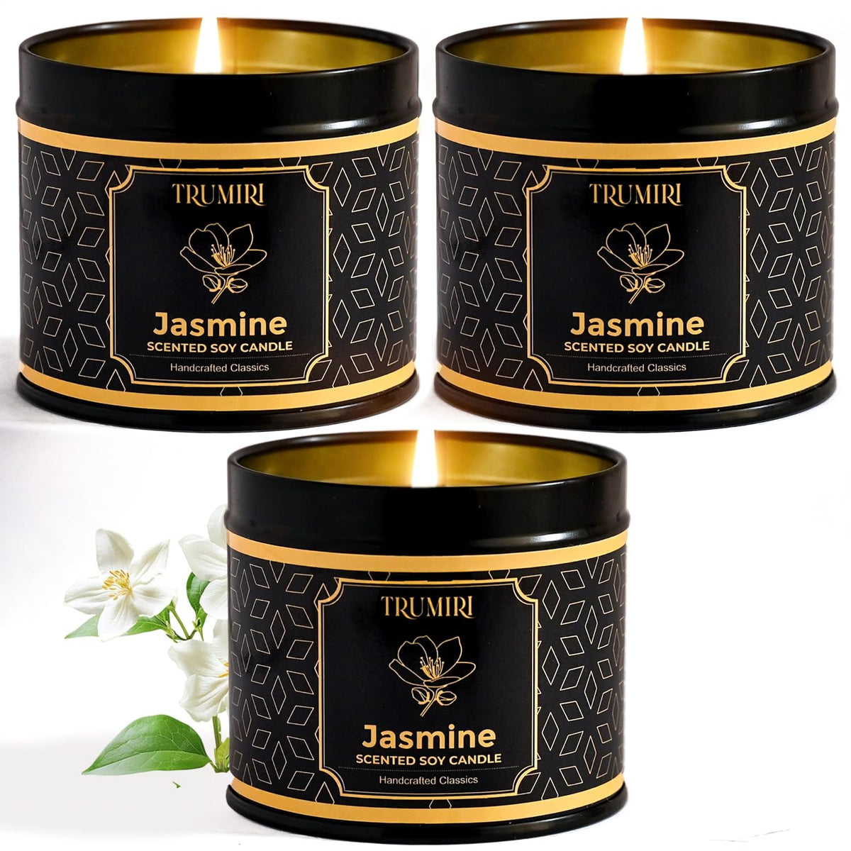 Jasmine Candle Strong Scented Soy Candel Clean Non Toxic Velas Aromáticas for Women Gift for Diwali Pack of 3 5Oz Decorative