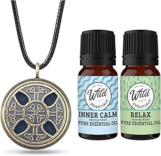 Wild Essentials Celtic Cross Aged Brass Necklace Essential Oil Diffuser Kit, Lavender, Lemongrass, Peppermint, Orange Oils, 12 Pads, Calming Aromatherapy Gift Set, Customizable Color Changing, Perfume