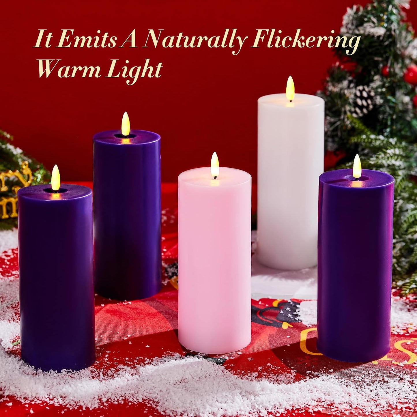 Pillar Advent Candles Set of 5, Battery Operated Advent Candle Set with Remote and Timer, 3x6 Pink and Purple Pillar Candle Set, Flameless Advent Candles for Advent Wreath Pillar Candle Holder