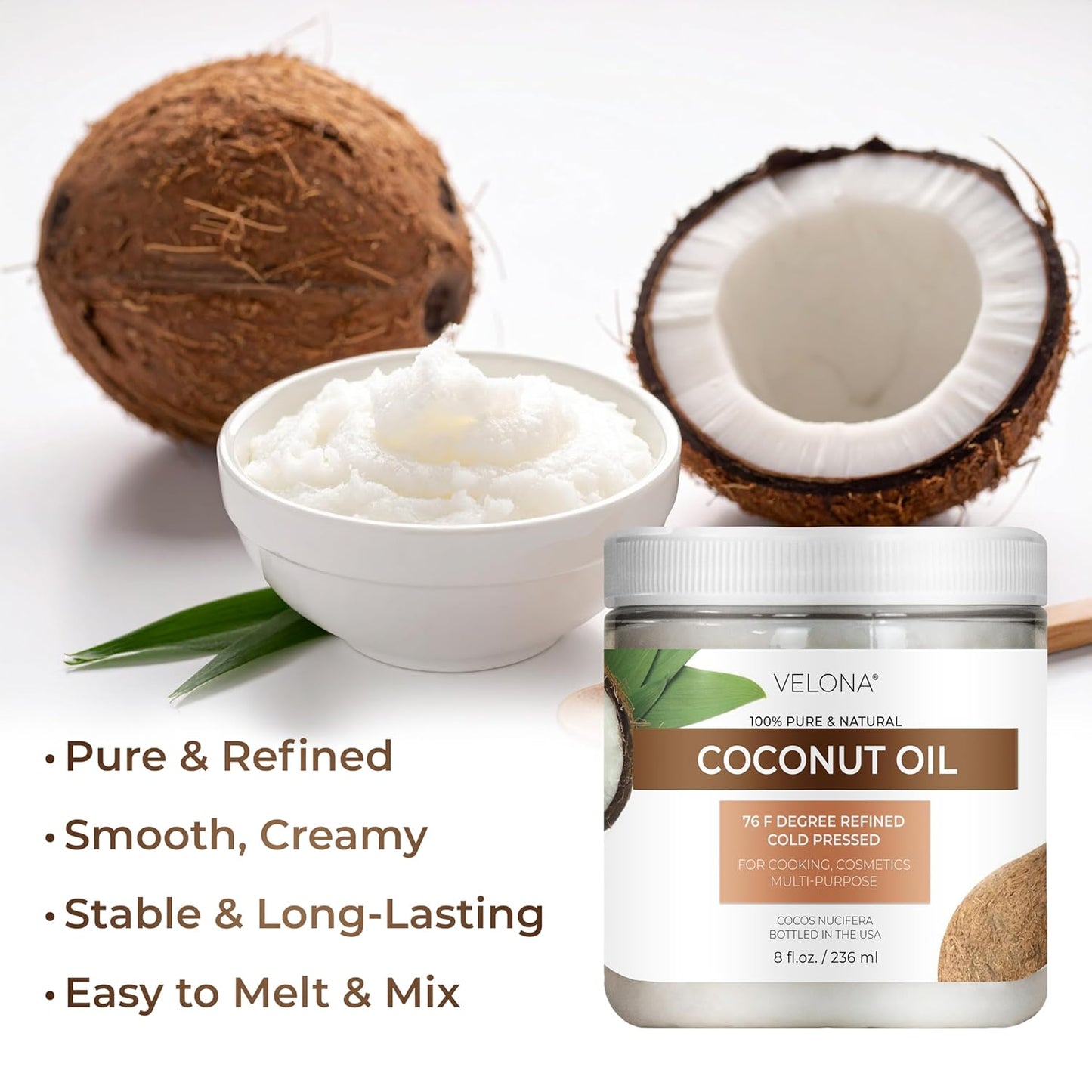 velona Coconut Oil 76 Degree 8 fl oz | 100% Pure and Natural Carrier Oil | in jar | Refined, Cold pressed | Skin, Face, Body, Hair Care | Use Today - Enjoy Results