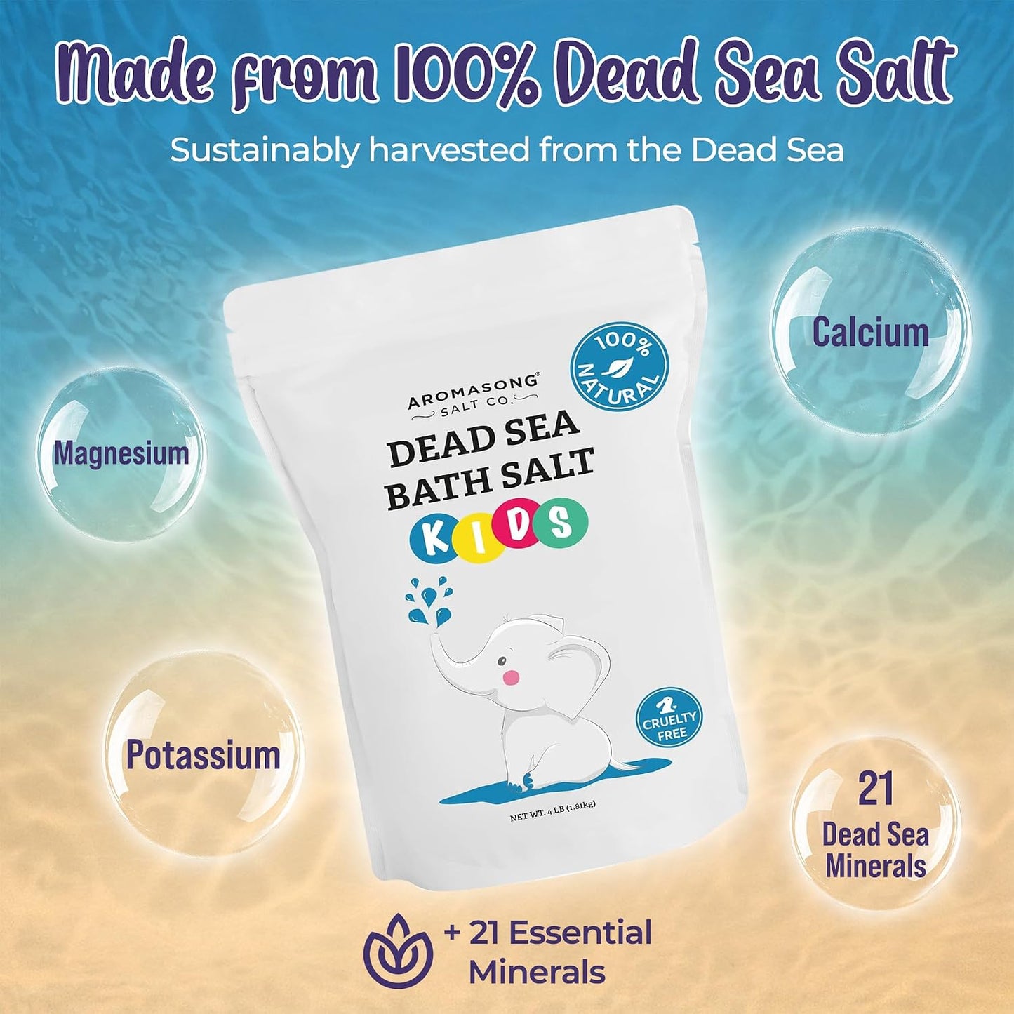Aromasong Dead Sea Salt for Kids Bath Soak, 4 Lbs. Fine Grain Large Bulk resealable Pack, 100% Pure & Natural.