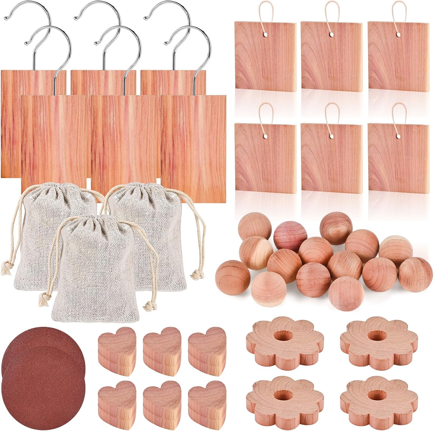 Tigvio 48-Pc Cedar Blocks for Clothes Storage: Blocks, Planks, Hooks, Rings, Balls, & Sachets for Closet, Drawer, Bookshelf & Shoe Protection - Natural Cedar Scent (Pack of 48)