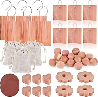 Tigvio 48-Pc Cedar Blocks for Clothes Storage: Blocks, Planks, Hooks, Rings, Balls, & Sachets for Closet, Drawer, Bookshelf & Shoe Protection - Natural Cedar Scent (Pack of 48)