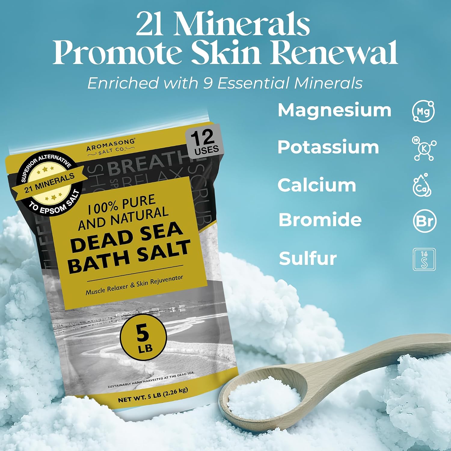 Aromasong Dead Sea Bath Salt - 100% Pure & Natural Dead Sea Salts for Soaking Fine Grain 5 LB - Bulk Resealable Pack - Used for Body wash Scrub - Soak for Women & Men.