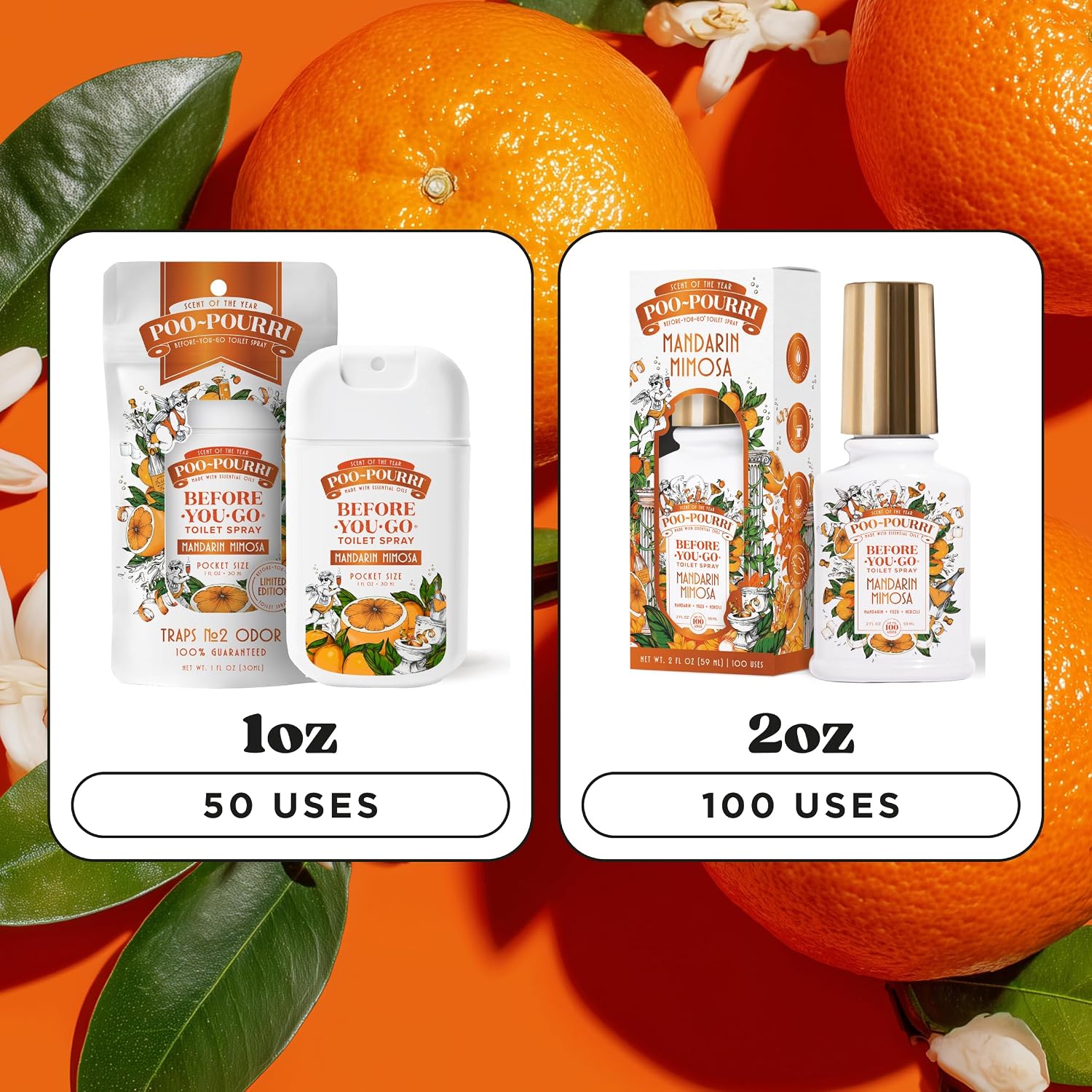 Poo-Pourri Before-You-Go Toilet Spray, Mandarin Mimosa, 2 Fl Oz, Up to 100 Uses, Bathroom Odor Deodorizer with Essential Oils for Home or Work, Travel Essentials, TSA Approved Size