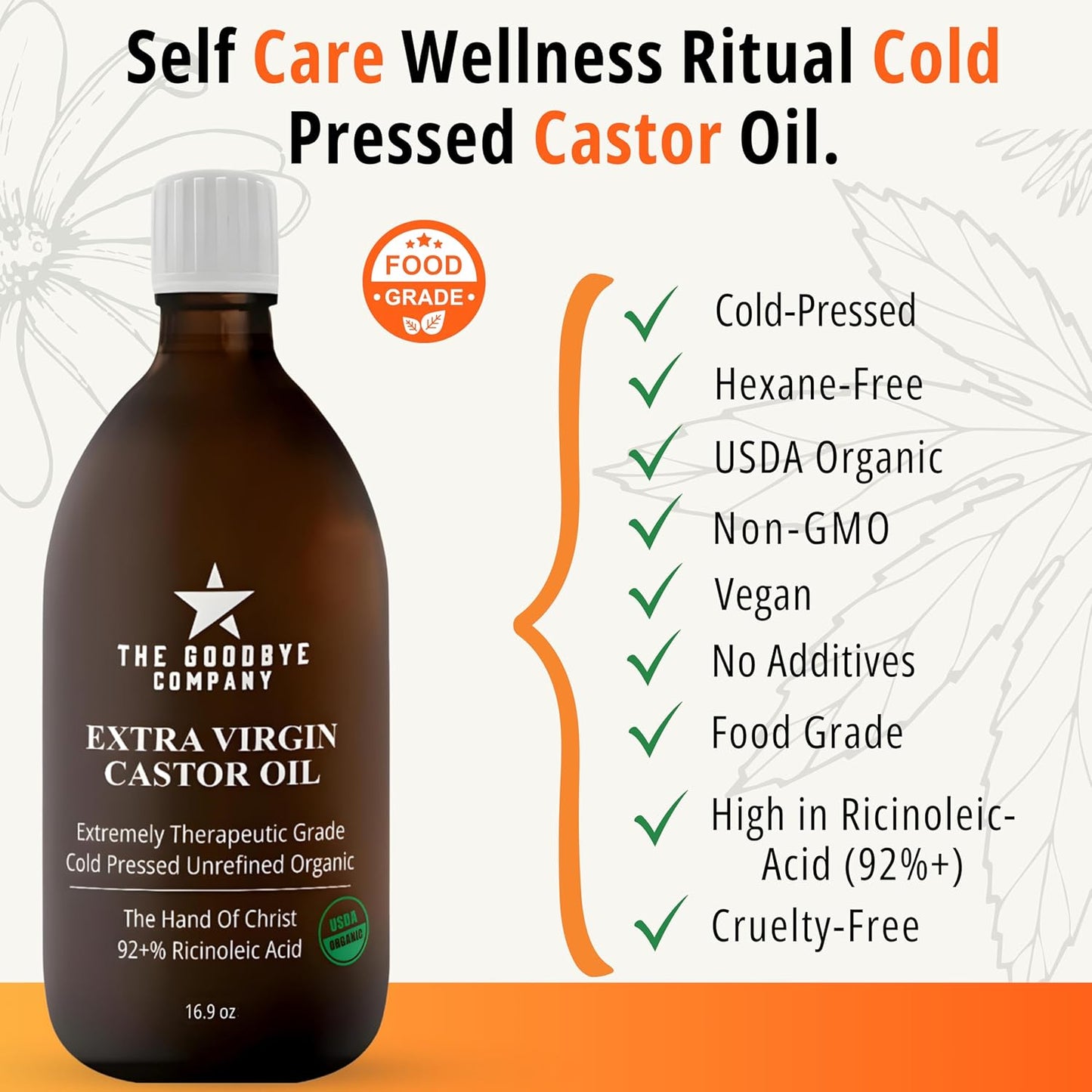 GoodBye Company USDA Organic Cold-Pressed Castor Oil, 16.9 oz Amber Glass Bottle, Hexane-Free, Extra Virgin, Food Grade, for Hair, Skin, Lashes, Brows & Digestive