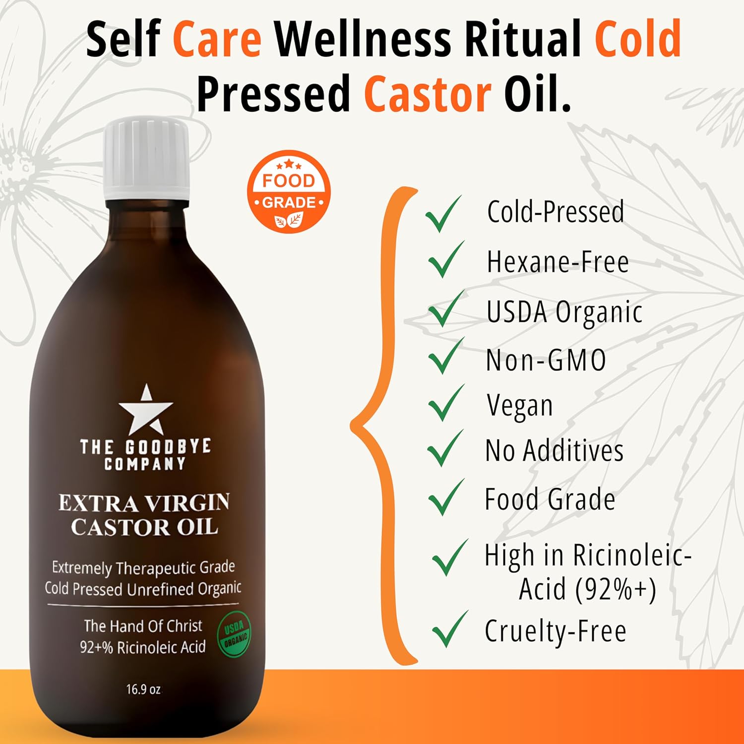GoodBye Company USDA Organic Cold-Pressed Castor Oil, 16.9 oz Amber Glass Bottle, Hexane-Free, Extra Virgin, Food Grade, for Hair, Skin, Lashes, Brows & Digestive