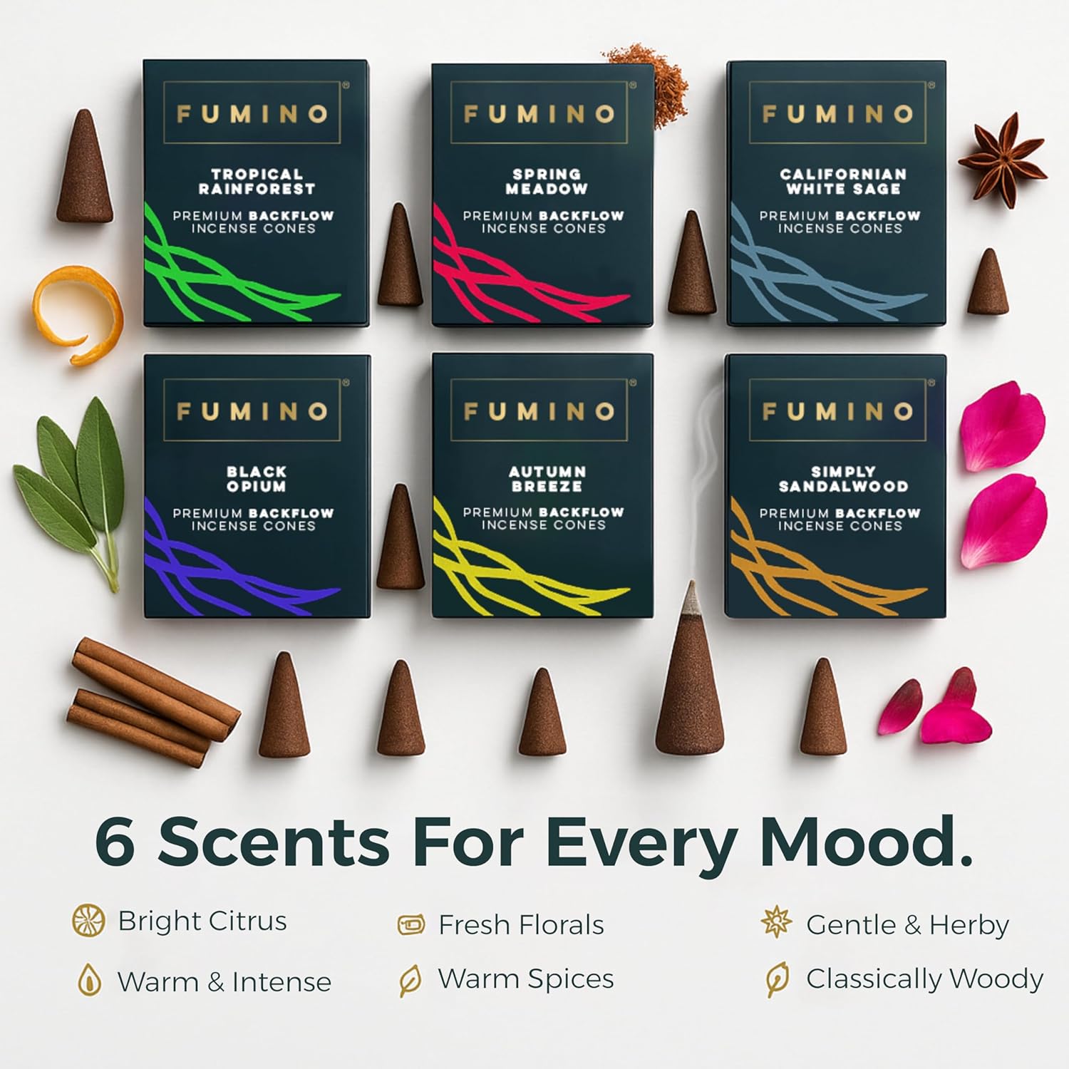 Fumino Backflow Incense Cones 90 Pack 6 Fragrances - Natural Masala Backflow Cones for Waterfall Cascade Smoke, Relaxation & Meditation, Bureau Veritas Certified, Hollow-Core for Backflow Burners