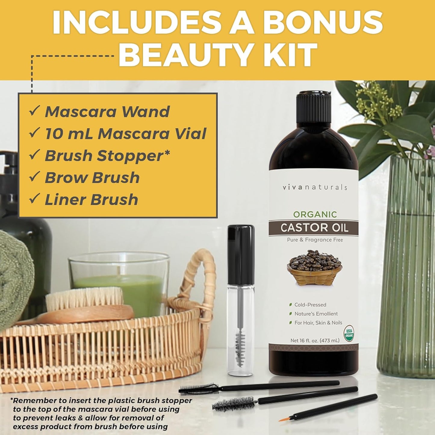 Viva Naturals Organic Castor Oil, Cold-Pressed, 16 fl oz – For Face, Hair, Eyelashes, USDA Organic, Non-GMO - With Beauty Kit