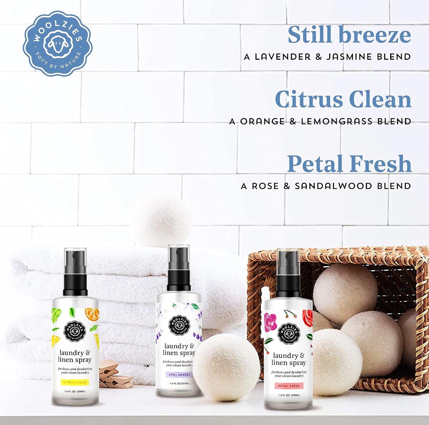 Woolzies Laundry Essential Oil Linen Spray Set | Use with Wool Dryer Balls, Face, & Body, Natural Room Mist | Includes Petal Fresh, Still Breeze, Citrus Clean 50 ML