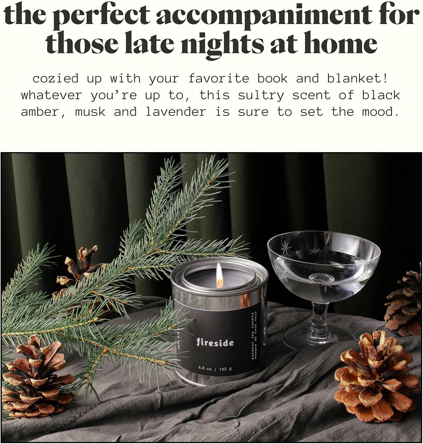 Mala Fireside - Black Amber, Musk and Lavender Candle - Vegan Soy Hand Poured Aromatherapy Candle with 45 Hour Burn - Classic 6.8 oz Size