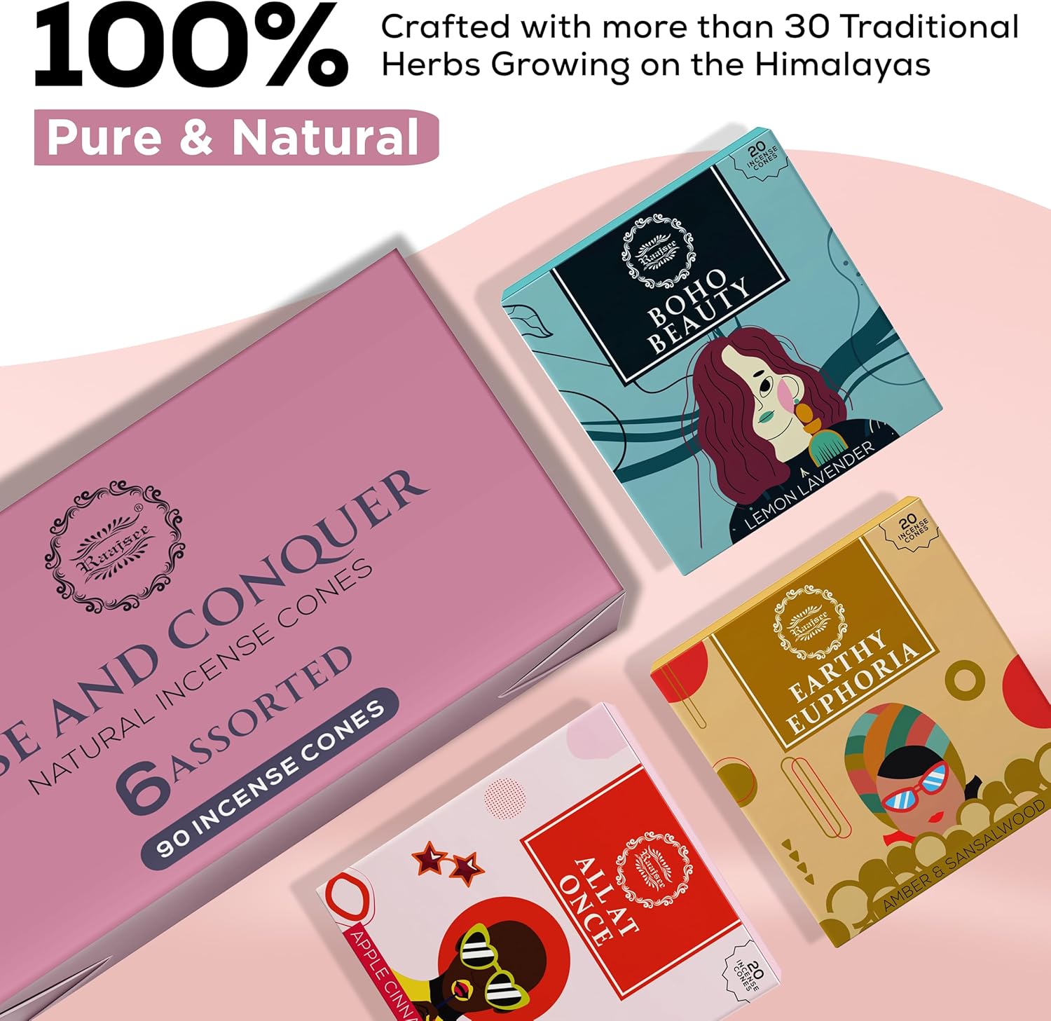 Raajsee Incense Cones, 6 Pack Cone Incense Gift Pack 15 pc Each (90 Total), 100% Organic Non Toxic Natural Insence Cones Variety Pack