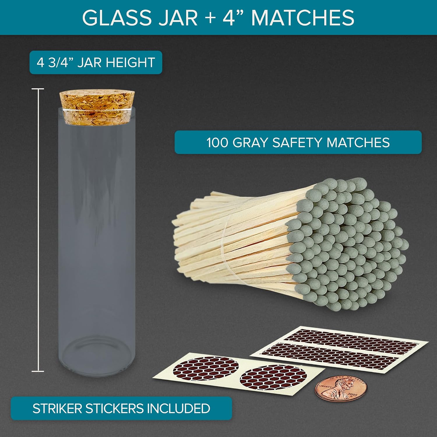 4" Gray Matches in a Chic Jar + Striker Stickers Included | 100 Stylish Decorative Safety Matches with a Modern Cork Top Glass Holder | Gifts, Home Decor, & Candle Accessories by Thankful Greetings