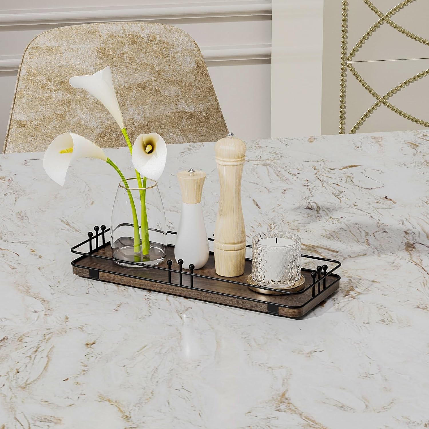 Bathroom Vanity Tray for Countertop Toiletries Perfume Makeup Soap Dispenser Toilet Tank, Kitchen Tray for Salt Spice, Decor Tray for Candle Nightstand Coffee 11.3”x 4.4” Brown-Black