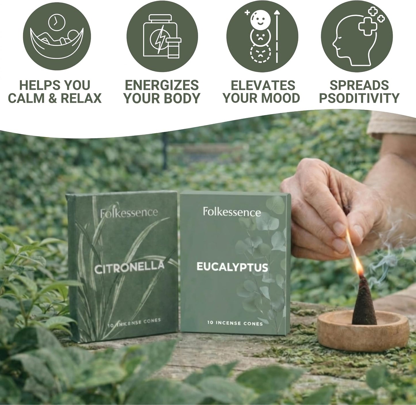 Folkulture Citronella Incense Cones (20 Cones) | Pack of 2 Citronella & Eucalyptus Outdoor Incense Cones for Camping Essentials, Apartment Patio Must Haves| Slow Burn, Non Toxic, Inscents-Cones