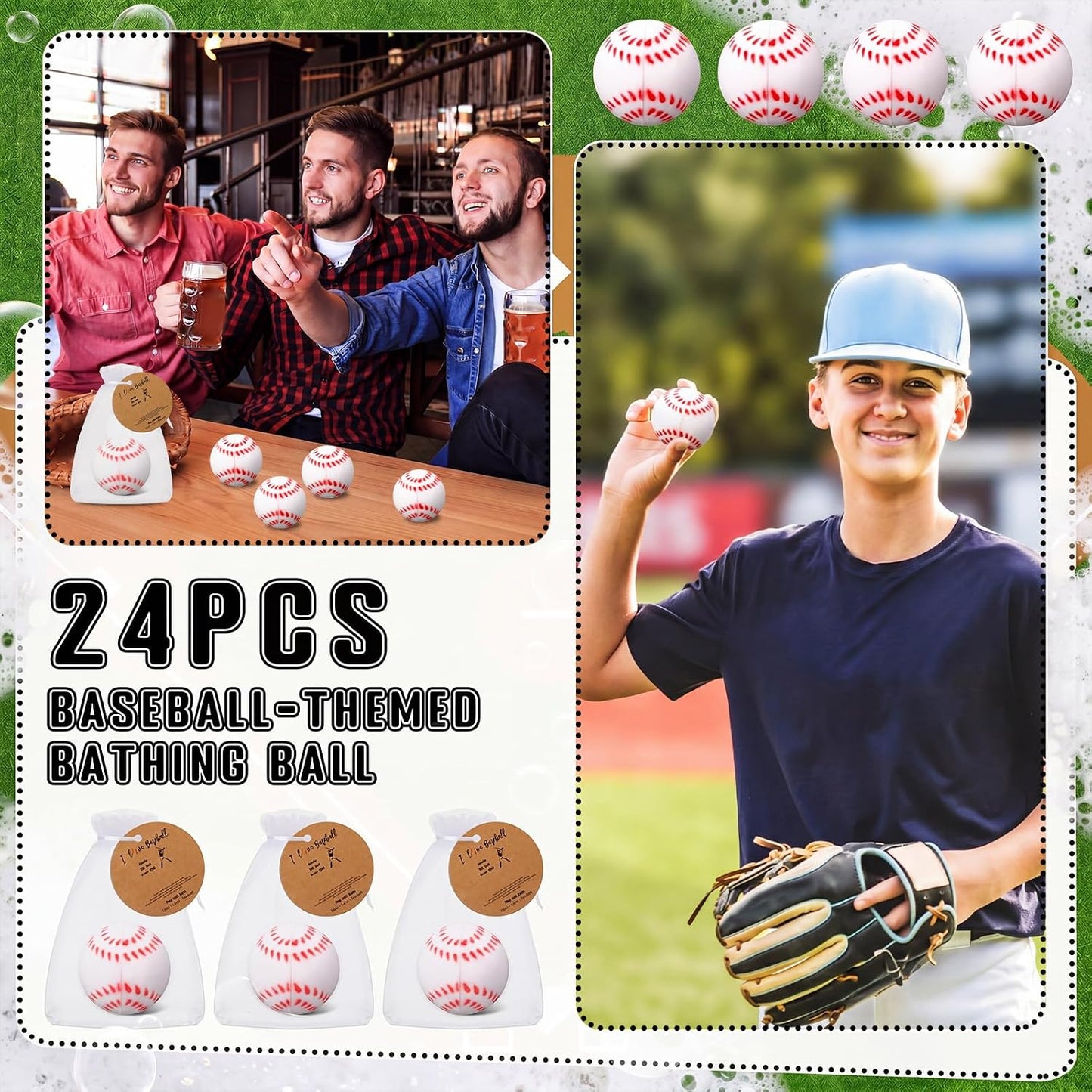 24 Set Baseball Sports Party Favors Gift Baseball Bath Bomb Set with Card Organza Bags Scented Novelty Fizzy Balls for Players Women Coach Team Gift Birthday Senior Night Favors