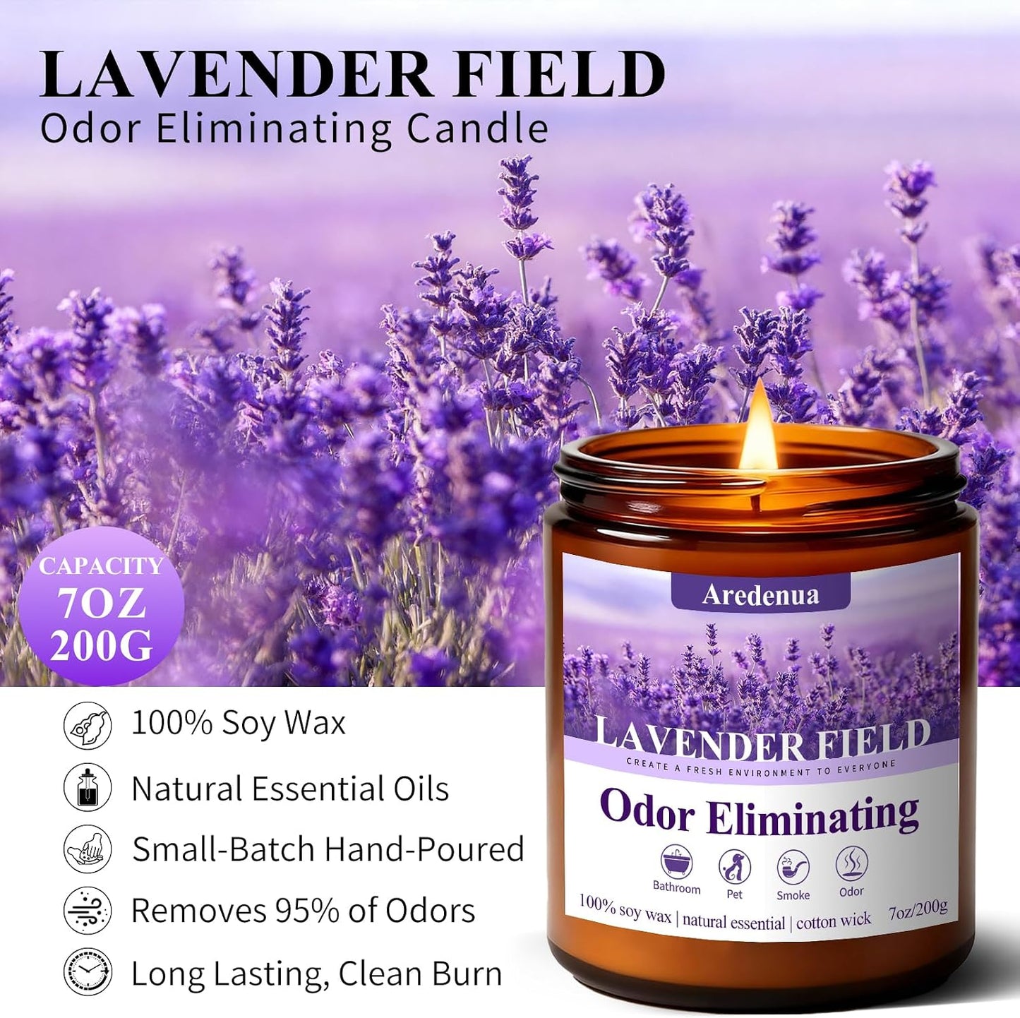 Lavender Odor Eliminating Candles | Eliminates 95% of Pet, Smoke & Bathroom Odors – 7oz Hand Poured Soy Candle - Aromatherapy Stress Relief Scented Candles - Relaxing Gifts for Calm & Fresh Homes