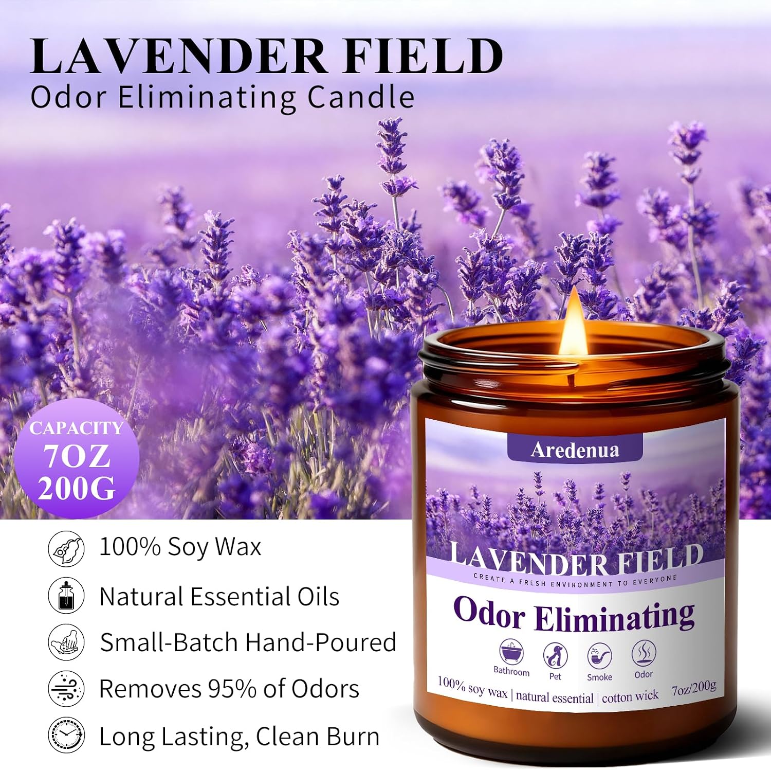 Lavender Odor Eliminating Candles | Eliminates 95% of Pet, Smoke & Bathroom Odors – 7oz Hand Poured Soy Candle - Aromatherapy Stress Relief Scented Candles - Relaxing Gifts for Calm & Fresh Homes