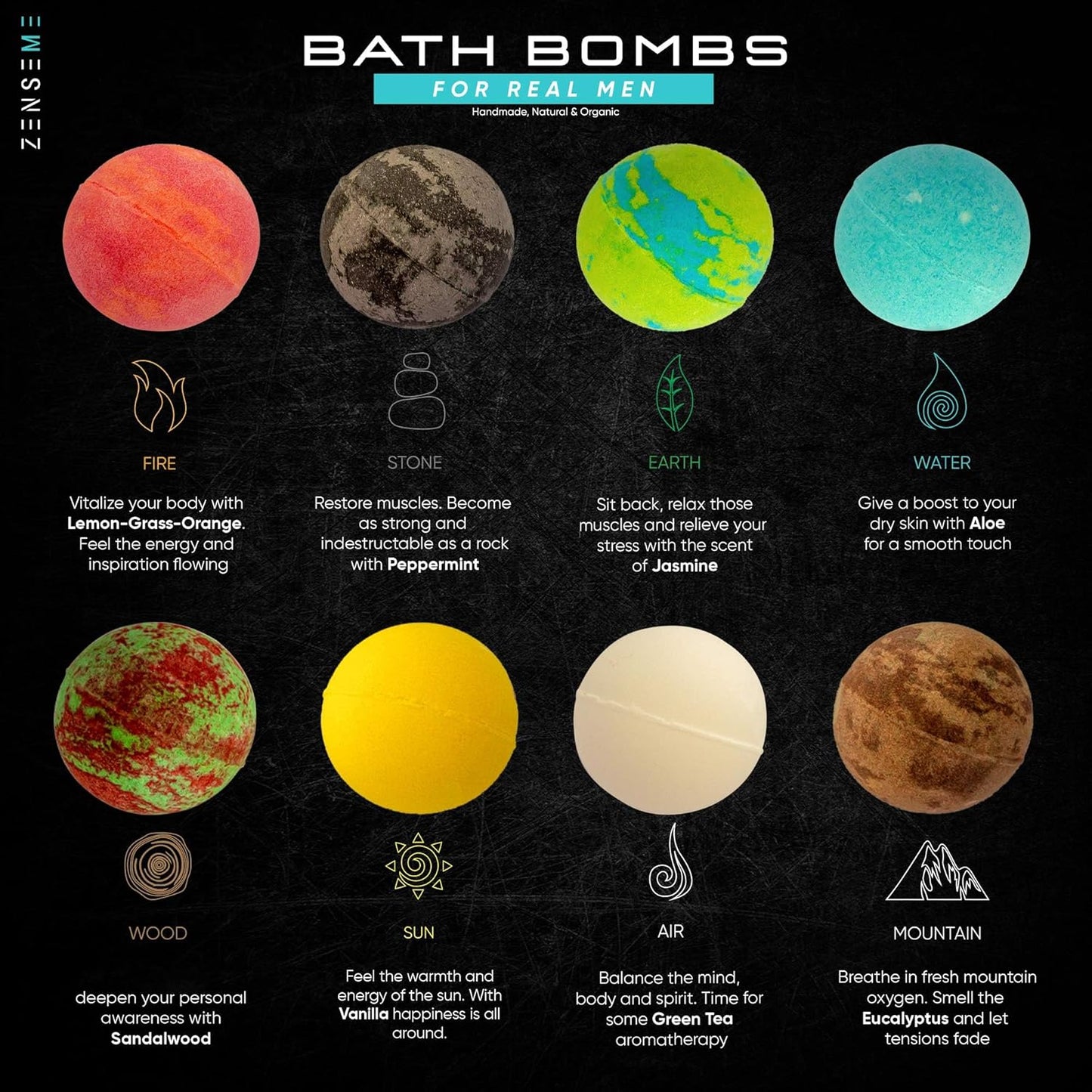 Bath Bombs for Men, Gift Set of 8 Scented Organic Handmade Bath Bombs of 2.5 oz with Natural Essential Oils for Boyfriend, Husband, Father or Friend, by ZenseMe