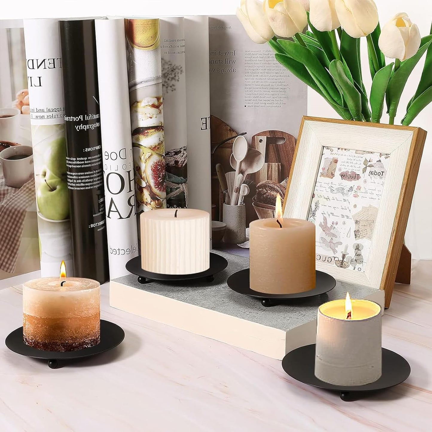 Jeffbaubl 8 PCS Iron Plate Candle Holder, 4 Inch Black Decorative Pillar and Taper Candle Stand, Metal Candlestick Holder for LED & Wax Candles, Wedding, Spa, Party, Dining