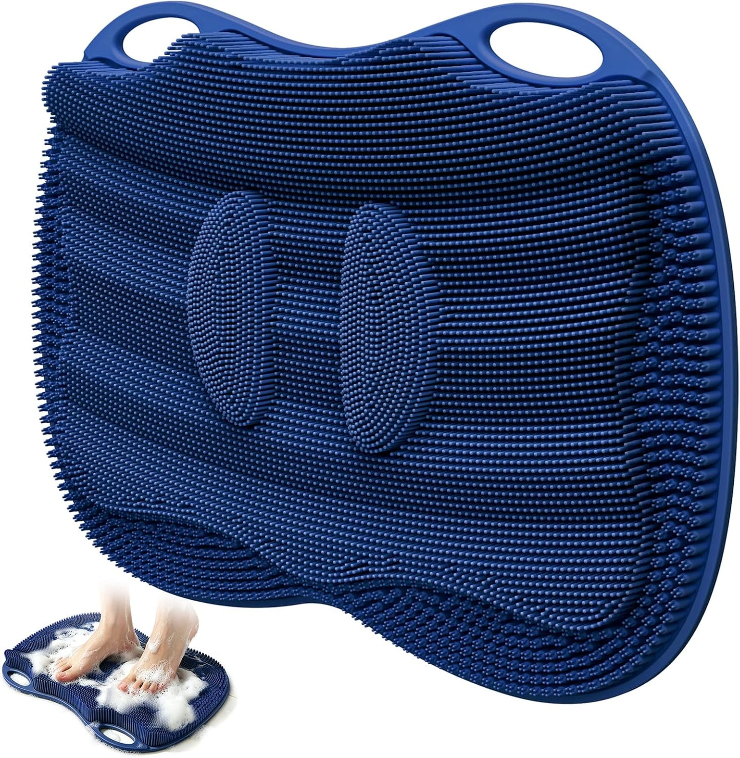 Shower Foot Scrubber Mat Large 2.0- Silicone Feet Toes Massage Exfoliate Cleaner Pad Long Brush Without Bending Non-Slip Suction Cups in Shower Floor Bathtub Foot Relax Spa 17.4 * 13" Navy Blue