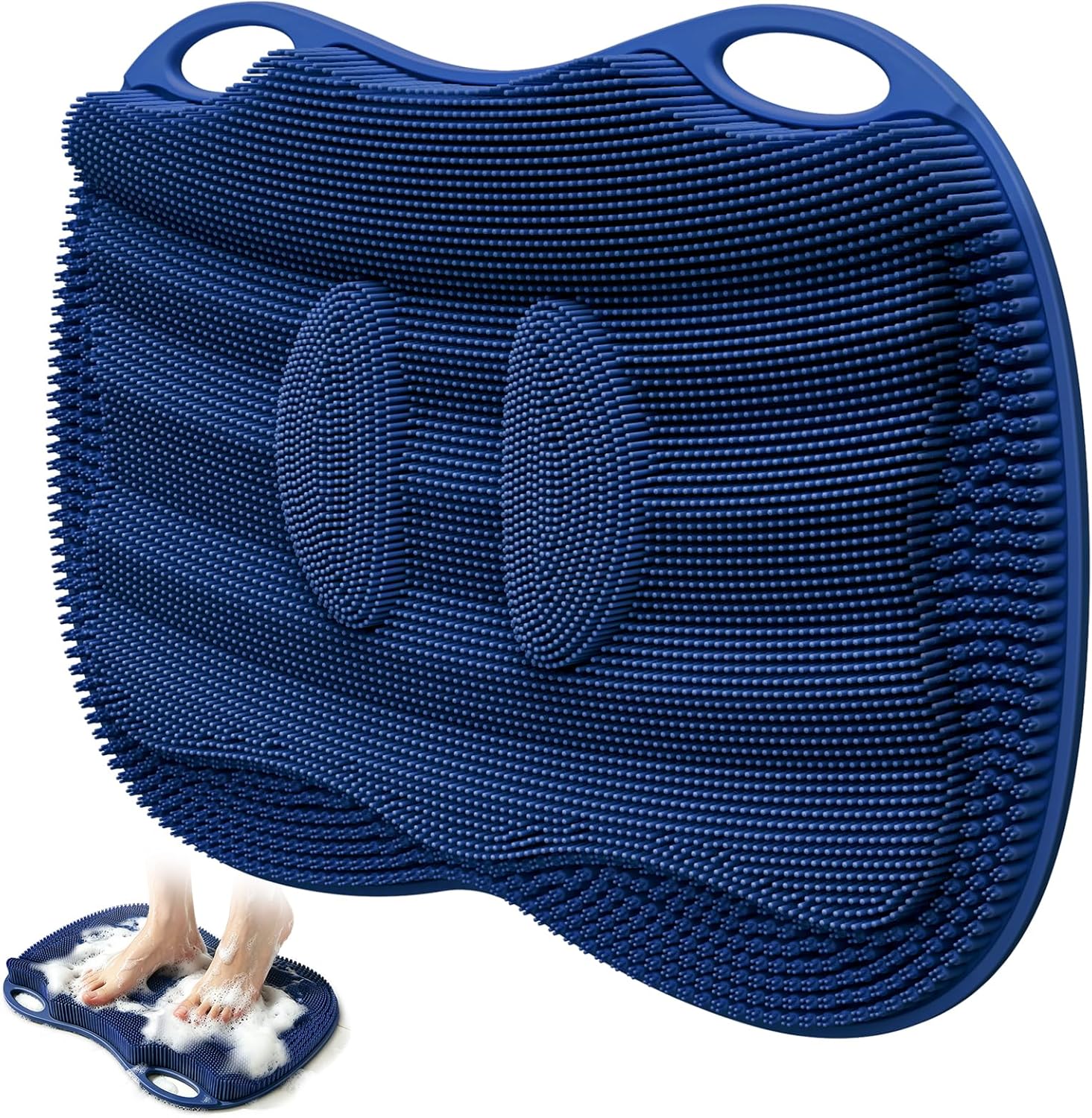 Shower Foot Scrubber Mat Large 2.0- Silicone Feet Toes Massage Exfoliate Cleaner Pad Long Brush Without Bending Non-Slip Suction Cups in Shower Floor Bathtub Foot Relax Spa 17.4 * 13" Navy Blue