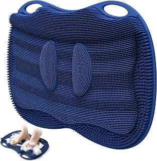 Shower Foot Scrubber Mat Large 2.0- Silicone Feet Toes Massage Exfoliate Cleaner Pad Long Brush Without Bending Non-Slip Suction Cups in Shower Floor Bathtub Foot Relax Spa 17.4 * 13" Navy Blue