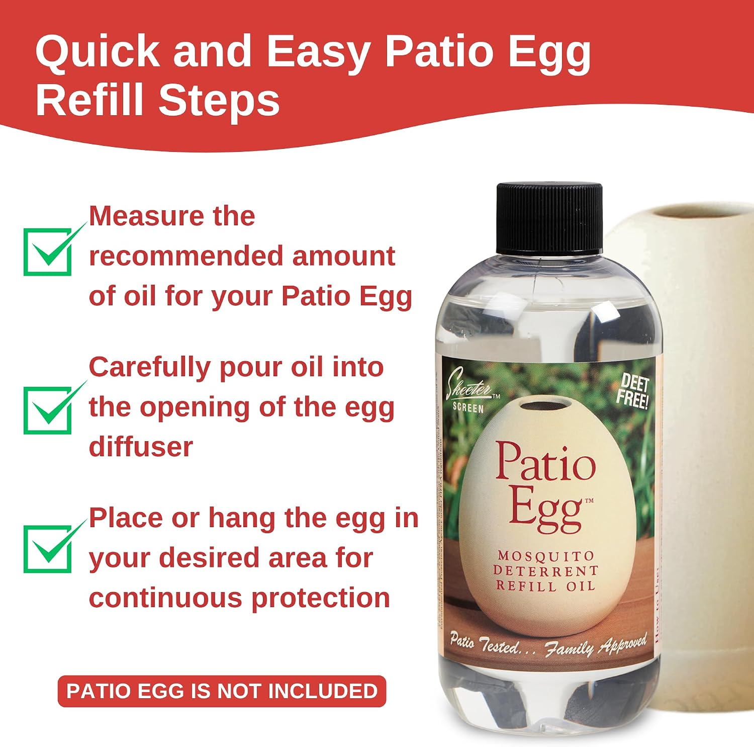 Skeeter Screen 90602 Patio Egg Refill Oil – 8 Fl Oz Bottle – Essential Oil Blend with Geraniol & Lemongrass – for Use with Patio Egg Diffuser – DEET-Free, Long-Lasting, Natural Scent