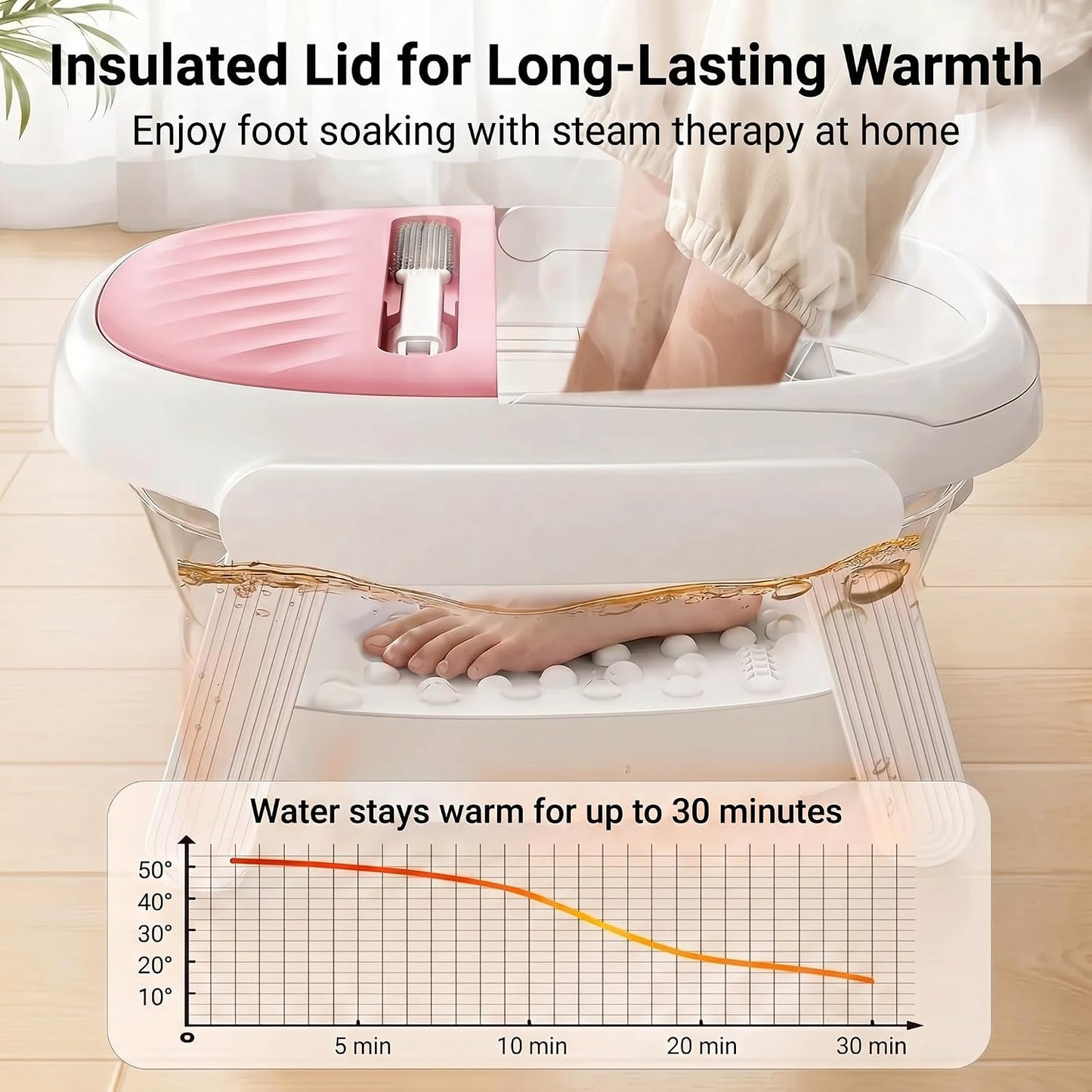 Collapsible Foot Bath Tub with Long Handle Foot Brush, Foldable Foot Soaking Tub with Insulated Lid & Sturdy Support Frame, Pedicure Foot Spa Basin for Men Women Home Travel (Pink)