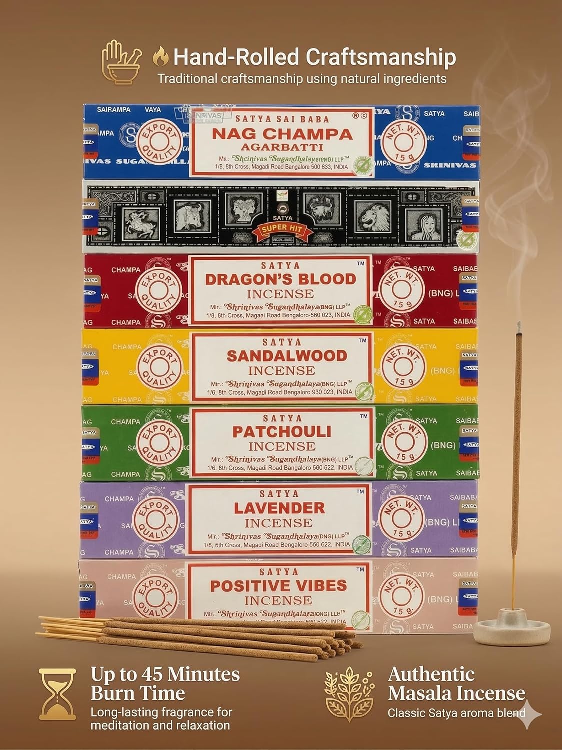 Satya Earth Masala Incense Sticks Variety Pack, Nag Champa, Sandalwood, Patchouli, Lavender, Dragon’s Blood & Positive Vibes Aromatherapy, Meditation & Yoga Incense –15g Each (Pack of 7)