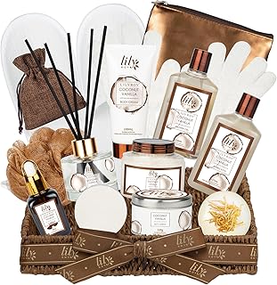 Coconut Vanilla Spa Gift Set, Complete Spa Bath Gift Basket for Women & Men