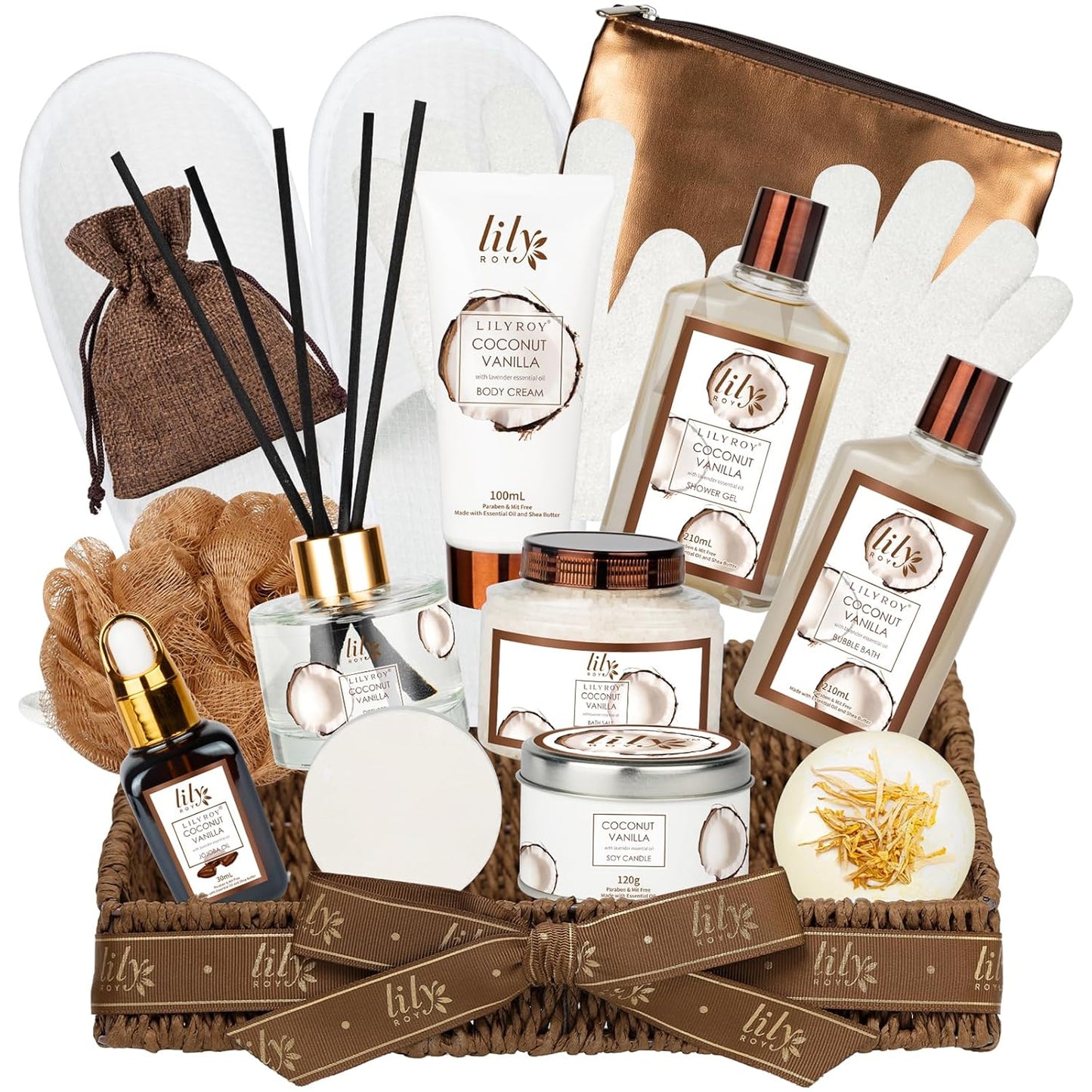 Coconut Vanilla Spa Gift Set, Complete Spa Bath Gift Basket for Women & Men