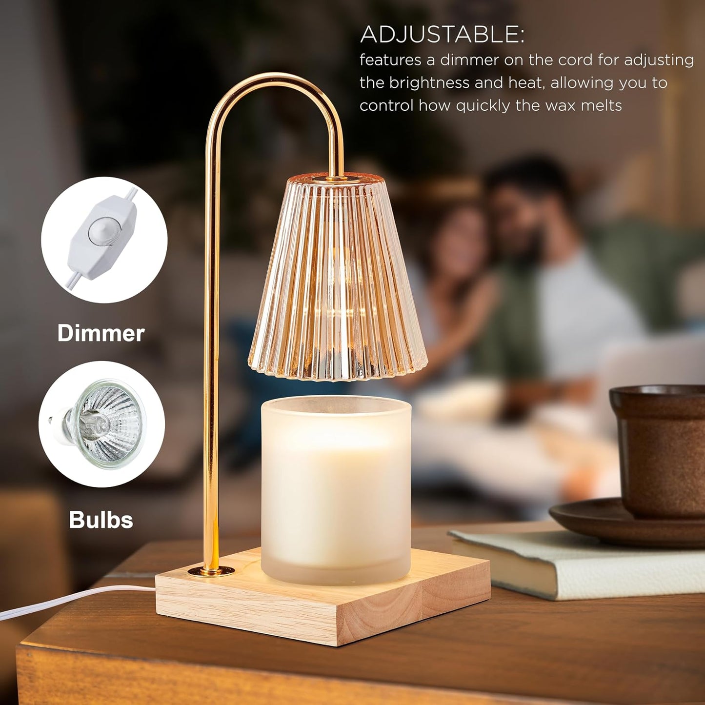 Mikasa Electric Candle Warmer with Amber Glass Shade - 13.8 Inch Lamp Warmer with Wooden Base, 50 Watt Halogen Bulb Included, Dimmer Switch, Safe Flameless Fragrance for Home Décor